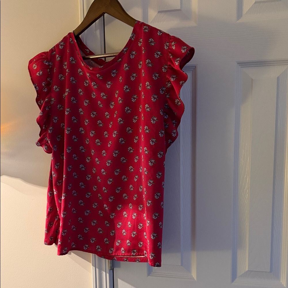 Ann Taylor Crimson Floral Ruffle Top